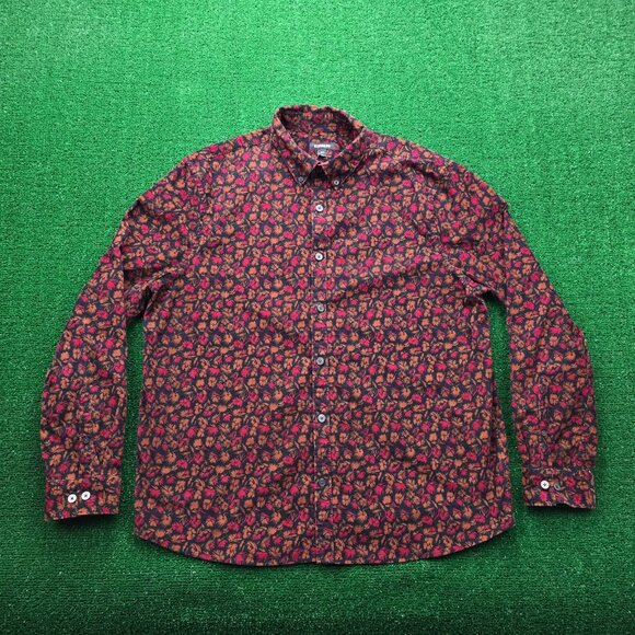 Express Shirt Mens XL Red Black Floral Corduroy Button Up Long Sleeve Casual - Picture 1 of 7